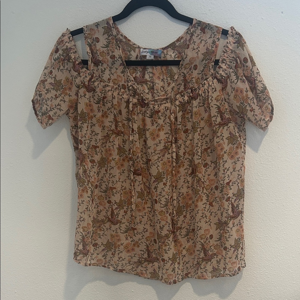Indigo Rose Floral Scoop-Neck Sheer Boho Blouse in Beige/Rust/Olive Size M